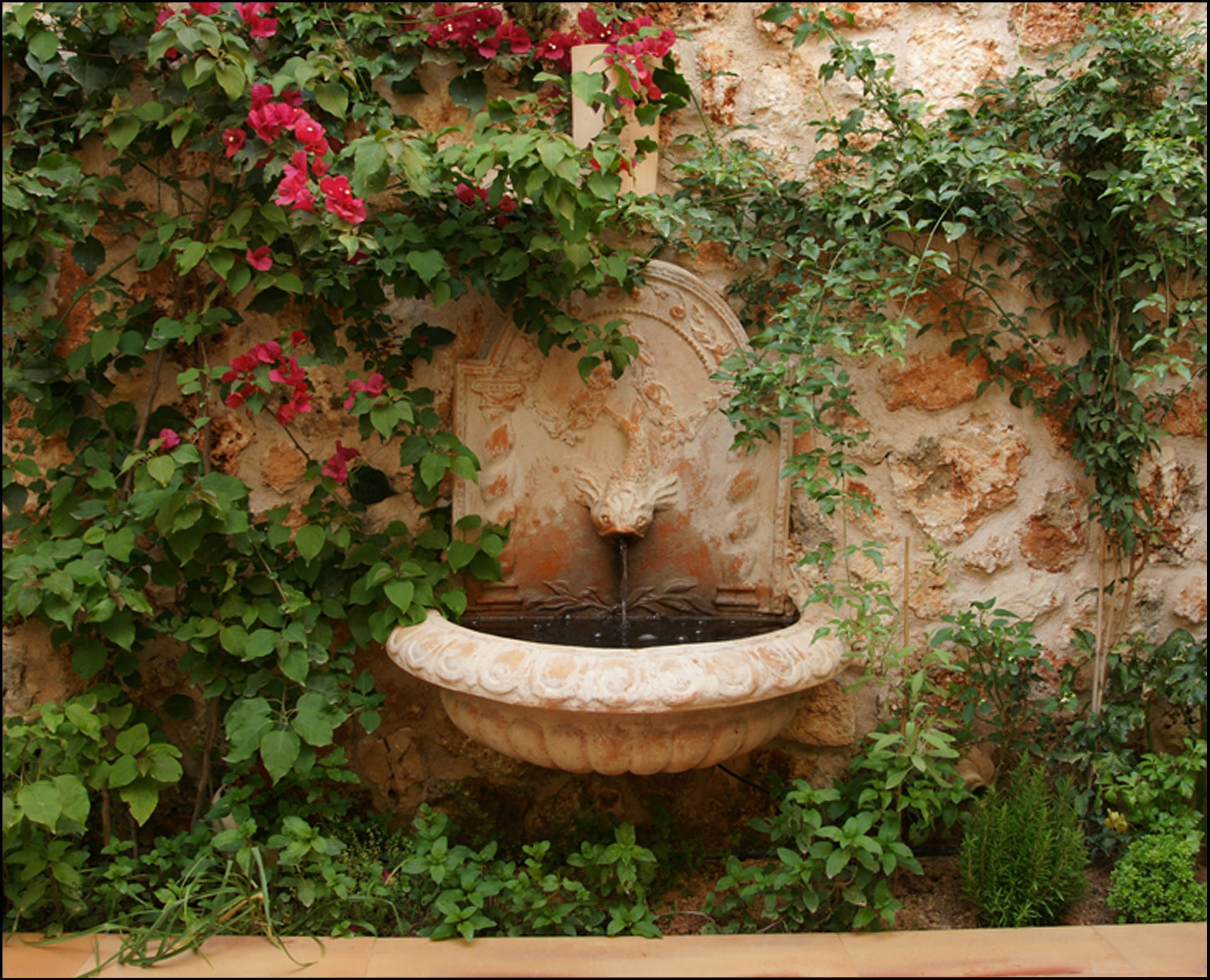 Large Garden Terracotta Fibreglass Wall Fountain featuring Dolphin